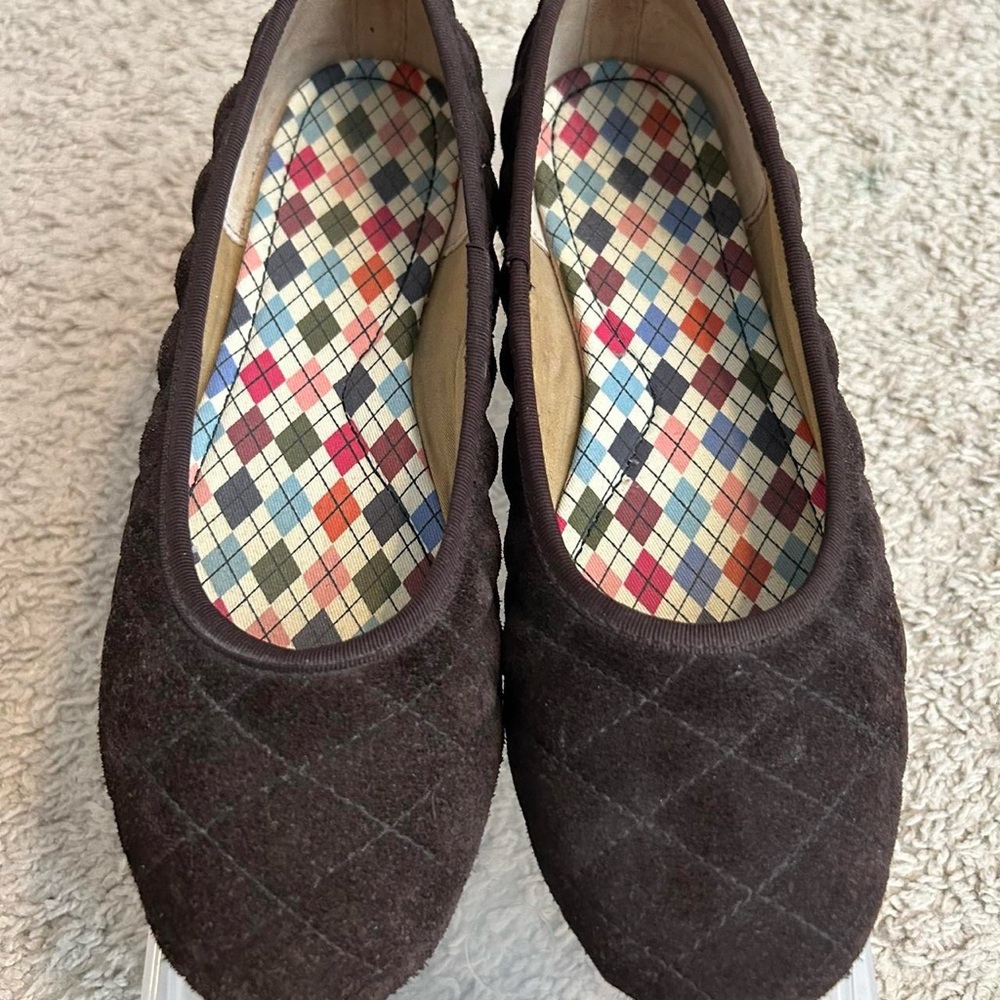 Brown Quilted Suede Women's Flats with Argyle Lining
